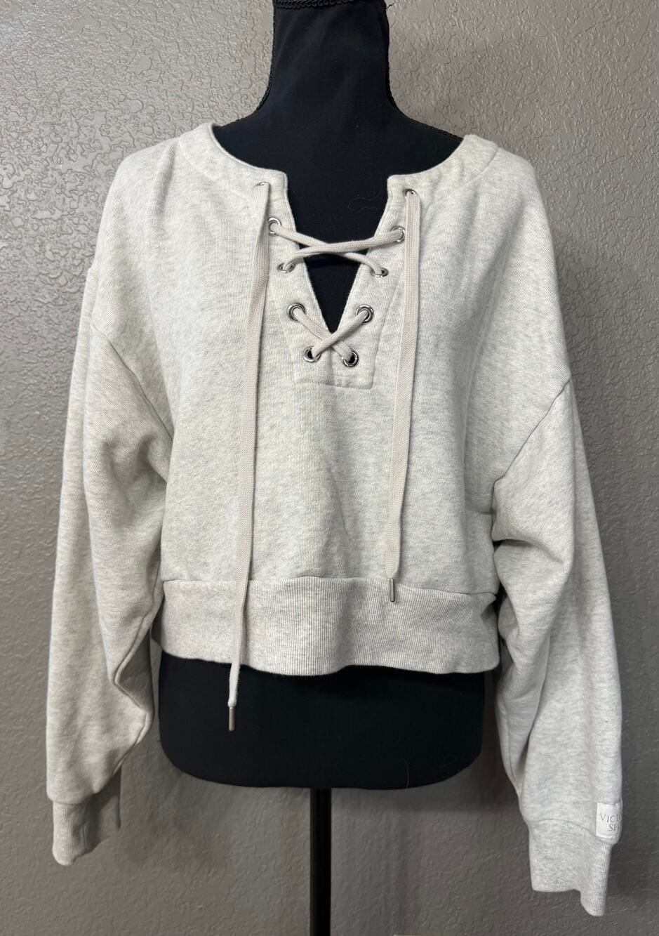 Victorias Secret Womens Sz L Gray Cropped Sweatshirt Lace Up Neck Crop Top